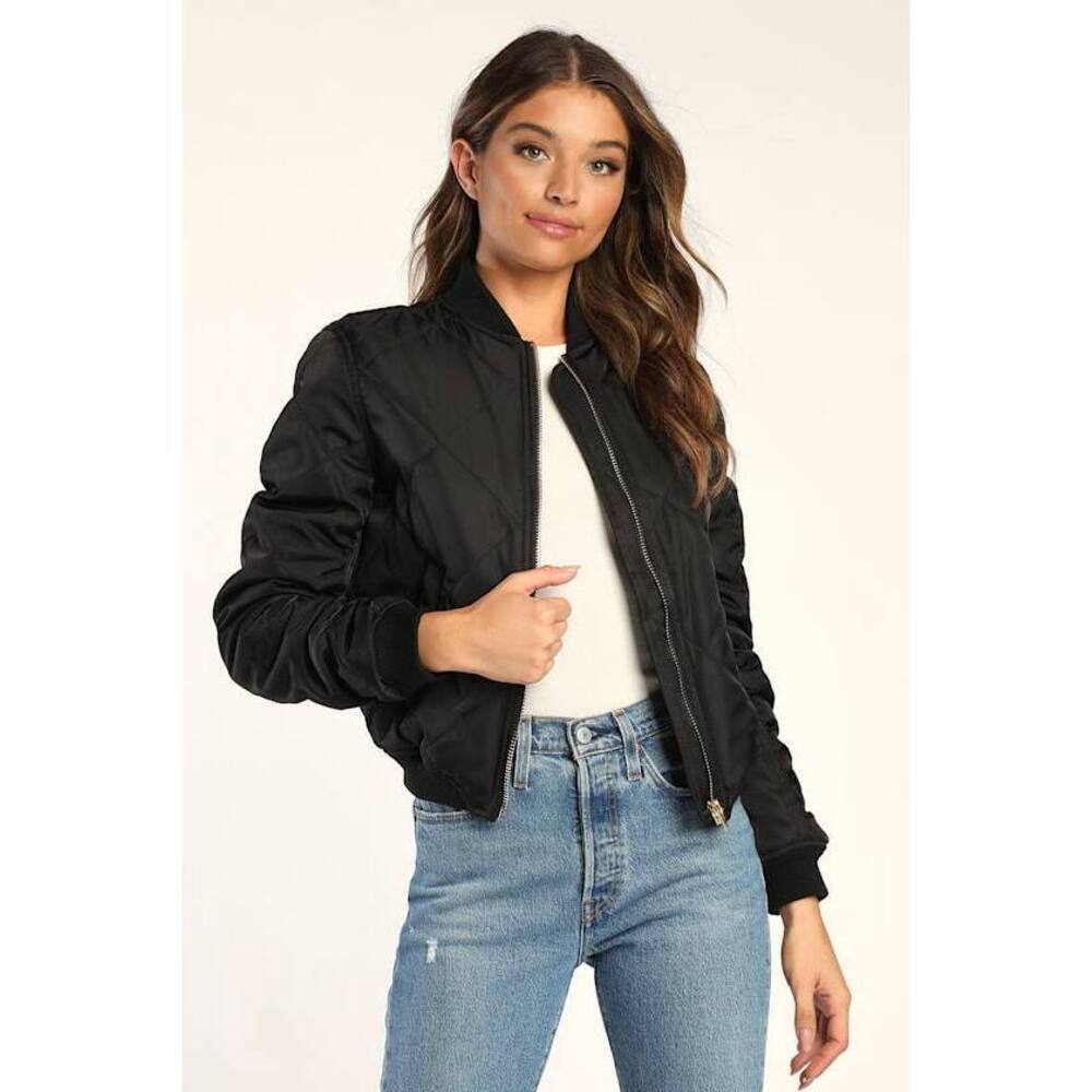 Lulus Black Quilted Bomber Jacket - Size L